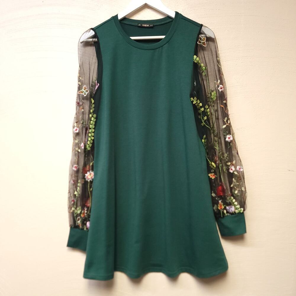 Shein Top Shirt Dress Green Size M Sheer Long Sleeve Floral Butterflies Short​